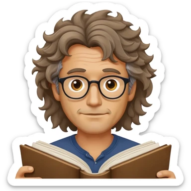 man in his forties with messy wavy hair, no glasses, holding open book sticker