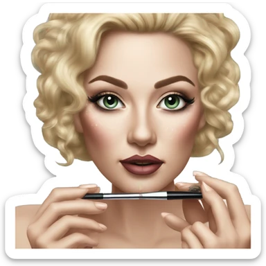 Hyper Realistic Beautiful lightly tattooed woman applying make-up in a compact mirror  sticker