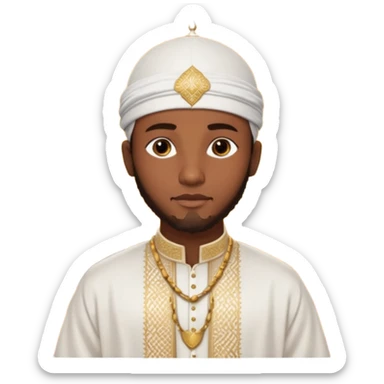 Muslim Black man of West African origin, deep brown skin, dressed in a white bazin riche with embroidery, kufi cap, standing in a warm sunset atmosphere, calm and spiritual look, photo realistic, cinematic lighting, 4K, high detail. sticker