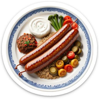 Cinematic Realistic image of a long, sausage-shaped Turkish Köfte, rendered with richly spiced meat textures and subtle grill marks, artfully arranged on a traditional Turkish ceramic plate alongside classic sides such as a serving of aromatic pilaf, crisp grilled vegetables, and a dollop of creamy yogurt, all bathed in warm, appetizing lighting that emphasizes its savory allure. sticker