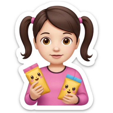 Cute small Toddler emoji with two pigtails dark brown hair, fair skin, in pink top, holding toddler snacks sticker