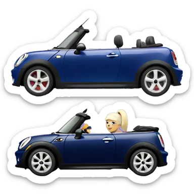 navy blue convertible Mini Cooper, with fair skinned short, lilac colored haired woman driving sticker
