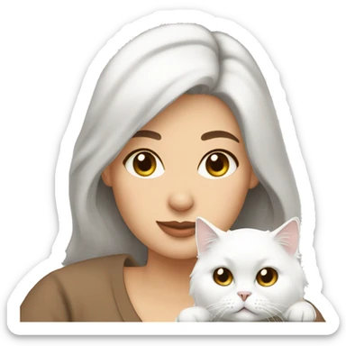 Brunette woman snuggling white Persian cat sticker