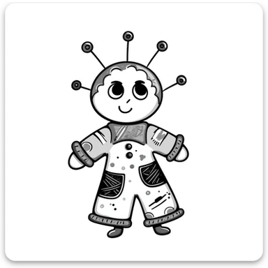 A hand-drawn colorful voodoo doll with stitches, multicolored fabric patches, big button eyes, and pins sticking out sticker