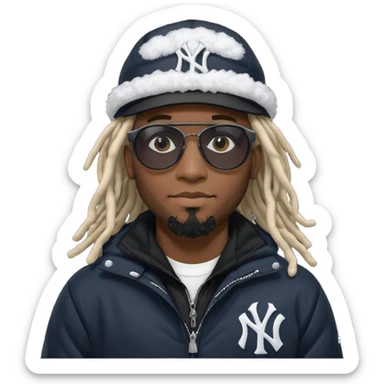 African American man with shoulder length dreadlocks and black sunglasses wearing a black New York Yankees baseball hat with a North Face bubble winter coat sticker