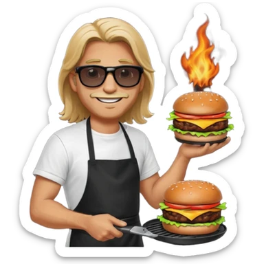 long hair man grilling wearing shade smiling in a white tshirt and a black apron grilling burger and meat on a sizzling grill sticker