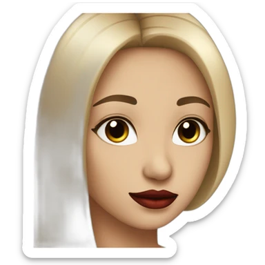 straight hair with black color ,red lipstick,black eyes, white skin and a small nose sticker