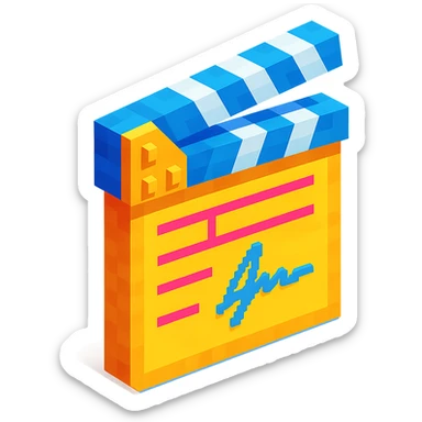 voxel style movie clapperboard with a director's signature, isometric view sticker