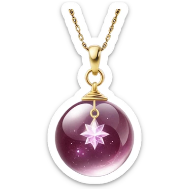 A polished round ball wine granite pendant suspended from a delicate gold chain, like a drop of enchanted starlight, glowing with the warmth of passion and the quiet power of transformation ethereal floating magical moving around... rebirth moving chain sticker