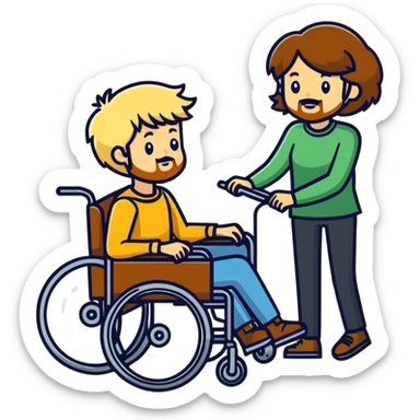 Brown haired bearded son in a wheelchair with blonde women pushing sticker