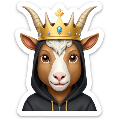 Goat with horns wearing black hoodie and a royal crown sticker