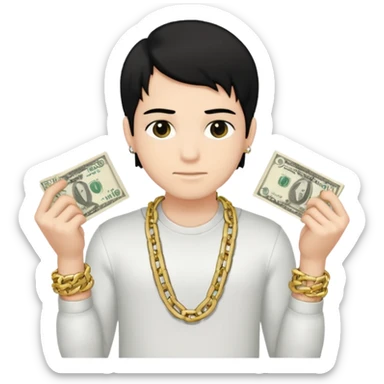 Has un chico con mucha plata en sus manos y en su alrededor, Con una chain que diga "JovenBallin" y que tenga pelo negro y sea piel blanca sticker