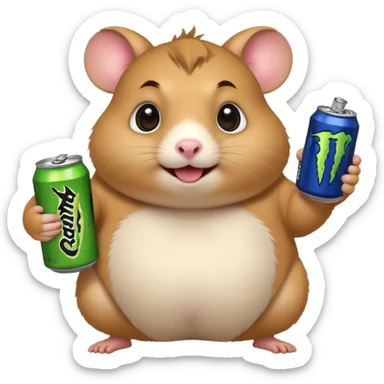 Funny cartoon-style fat hamster with big wide eyes  holding a can of monster energy in one hand and redbull in the other hand sticker