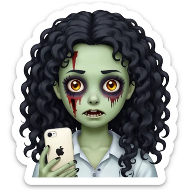 cute zombie girl with long black curly hair and a white streak, creepy face, makeup, iPhone emoji style sticker