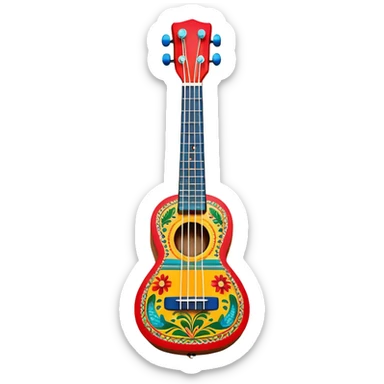 Create a vibrant and artistic emoji representing a ukulele with a Mexican design. The ukulele should feature a bright, colorful body with traditional Mexican patterns, such as geometric shapes, floral motifs, or colorful stripes. Use rich, warm tones like red, yellow, green, and blue to give the instrument a lively, festive look. Highlight the wood grain of the ukulele’s neck and fingerboard, and add subtle details like decorative inlays or a small Mexican flag symbol on the body. The strings should be clearly visible, and the instrument should be in a slightly angled position to showcase its unique design. The background should be transparent. sticker