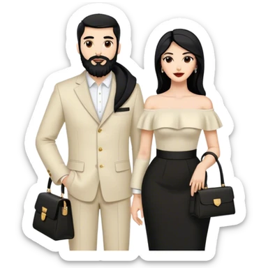 the Lebanese white skinned man with black hair and beard dressed in all black, and the Palestinian woman in an elegant off-shoulder cream-colored outfit with a handbag. sticker