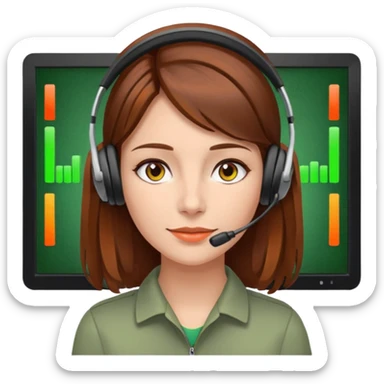 woman, brown hair, middle european, wearing a headset. she is controling limits on screen: green = ok, orange = bald überschritten, re = limite überschritten sticker