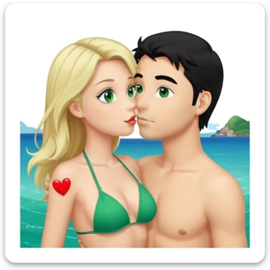 Blonde girl Green eyes Green Bikini whole body Kissing man black Hair blue eyes Hearts in Body Background sea sticker