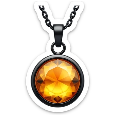 extreme close up of a round cut holographic amber charm with black setting and black chain sticker