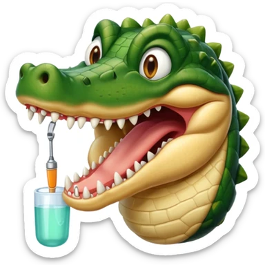 an alligator opening its mouth with a dentist sticker