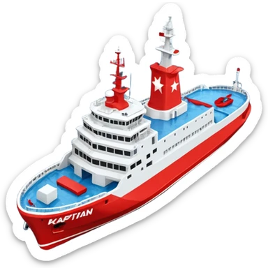 Realistic 3D icon of icebreaker "Kapitan Krutov" (grey hull, red star, white superstructure, "РОСМОРПОРТ" lettering). Soft winter lighting, 3/4 aerial view. Fractured blue ice, white background. High detail, photorealistic GSON style. sticker