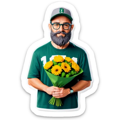 A bold man with a grey baseball cap, green eyes, big beard and glasses, holding a bouquet  sticker
