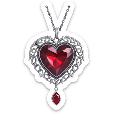 gothic heart, black velvet texture, silver chain fringe, deep red gemstone, dramatic and ornate sticker