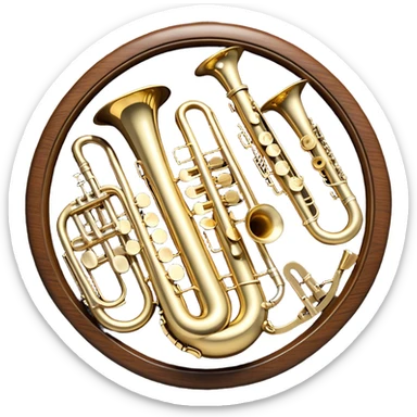 Design a complex, festive, and professional emblem-like emoji representing wind instruments. The composition should resemble a heraldic crest, featuring iconic wind instruments such as a trumpet, saxophone, clarinet, flute, and trombone, arranged symmetrically in a balanced and elegant layout. The instruments should intertwine with a flowing ribbon of musical notes, gracefully weaving around the brass and wooden bodies, emphasizing movement and harmony. Use intricate details such as polished metal surfaces, decorative engravings, and realistic textures to enhance the premium feel. The design should have a regal and celebratory color palette, with gold and silver highlights, deep wood tones, and subtle reflections. Additional ornate elements like laurel wreaths, elegant flourishes, or a subtle glow can be incorporated to emphasize the prestigious and musical essence of the emblem. The background should be transparent to allow for seamless integration into various designs. sticker
