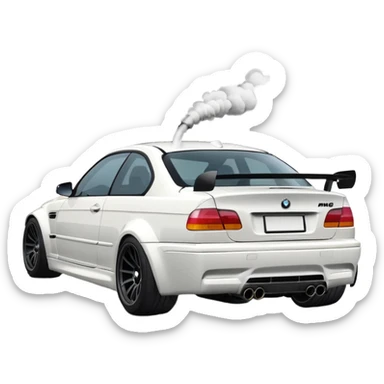 
A white BMW M3 E46 is shown drifting through a corner from a rear-view angle, with a slight wisp of smoke rising from the back and the wheels positioned at a certain angle relative to the turn. sticker