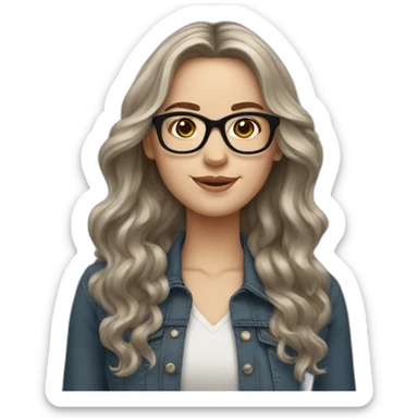 White girl with long wavy dark brown hair wearing square specs sticker