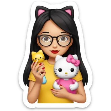 Nails cute with hello kitty wear glasses black long  hair, woman wear yellow shirt , red nails , big hello kitty doll sticker