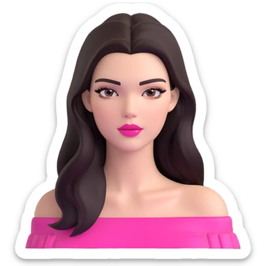 Kendall Jenner supermodel, longer face, long dark hair, bright pink glossy lipgloss, rosy pink blush, bare shoulders sticker