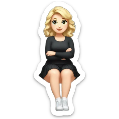 Front view full body curvy caucasian beauty sitting on the floor straight hands up black skirt white knickers white socks sticker