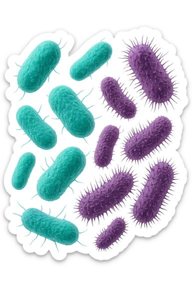 5 BATTERI BUONI E 5 BATTERI CATTIVI FLUTTUANO IN ARIA, I BATTERI BUONI FALLI TURCHESI, I BATTERI CATTIVI FALLI VIOLA, IPERREALISTICO 4K, NON DISEGNATO sticker