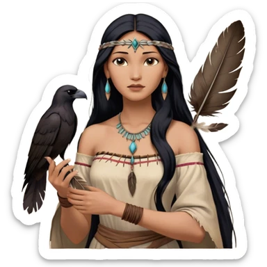 Cinematic Realistic Pocahontas Portrait, depicted with lifelike skin texture, soft natural lighting, and intricately detailed long, flowing raven-black hair that moves gracefully in the wind. Her deep, soulful dark brown eyes exude wisdom and strength, complemented by a serene yet powerful expression. She is shown gently holding a feather in one hand, her other hand resting lightly at her side, embodying the harmonious balance between nature and herself. She is dressed in her classic one-shoulder native American dress, with rich fabric textures and delicate beaded details that catch the light beautifully. The portrait features a soft, sun-kissed glow with a natural, radiant finish, capturing the essence of untamed beauty and deep connection to nature in a realistic and painterly style, evoking a sense of depth and authenticity. sticker