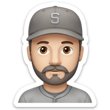 white male with dark brown goatee beard and moustache with grey tones wearing a grey baseball cap back to front with hazel eyes sticker