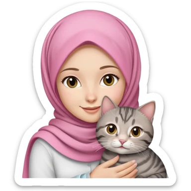 White girl wearing pink hijab with white shirt smiling while holding a black grey tabby cat sticker