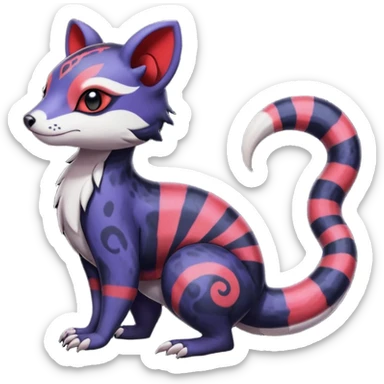 Rare warm-colored exotic gloomy tropical edgy cute epic aesthetic spooky indigo violet white black red gothic colorful Salandit-Furret-Civet-species-Fakemon-hybrid-creature, with tribal tattoo markings, full body sticker