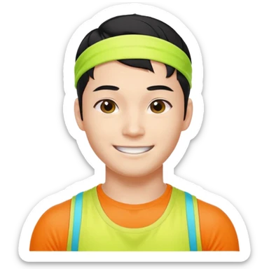 Korean 27-year-old male health coach / Wearing fluorescent colors / White face / Hairband / Smiling expression / Short black hair / Muscular body sticker