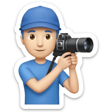 3D emoji-style icon of a photographer in side profile, wearing a blue cap backwards and a blue t-shirt, holding a professional camera with a long telephoto lens sticker