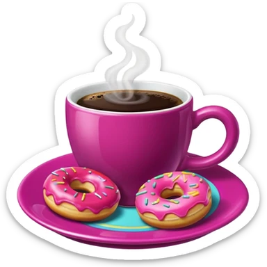 A steaming cup of coffee, magenta with a yellow butterfly print, sits on a magenta saucer with colorful donuts. sticker