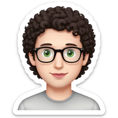 Young man with dark brown curlier poofy hair (same style but more curls), green eyes wearing glasses, wide face with eyes set apart, bigger ears, very pale skin, slightly bigger nose, fuller darker pink lips with a smile, and very light stubble sticker