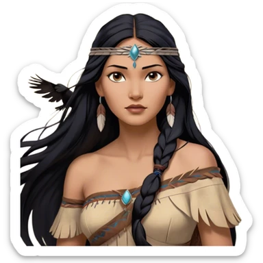 Cinematic Realistic Pocahontas Portrait, depicted with lifelike skin texture, soft natural lighting, and intricately detailed long, flowing raven-black hair that moves gracefully in the wind. Her deep, soulful dark brown eyes exude wisdom and strength, complemented by a serene yet powerful expression. She is dressed in her classic one-shoulder native american dress, with rich fabric textures and delicate beaded details that catch the light beautifully. The portrait features a soft, sun-kissed glow with a natural, radiant finish, capturing the essence of untamed beauty and deep connection to nature in a realistic and painterly style, evoking a sense of depth and authenticity. sticker