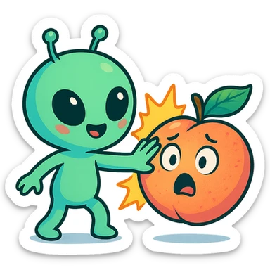 cute alien slapping a peach, surprised peach face, vibrant colors sticker