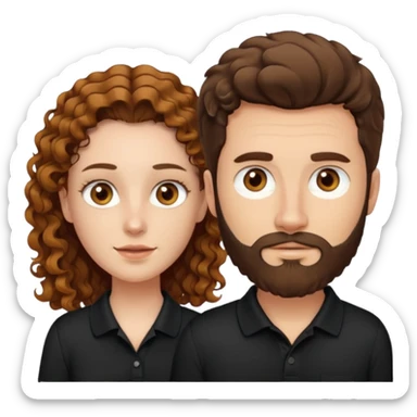 Criar Casal - Homem branco de cabelo liso e olhos marrom, com barba, camiseta polo preta e mulher de pele branca cabelo cacheado marrom longo e olhos mel sticker