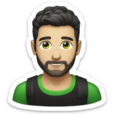 Handsome man with dark hair, in front of a keyboard, gradient short hair on the side, green eyes. Thin face. Black t-shirt. A little beard. sticker