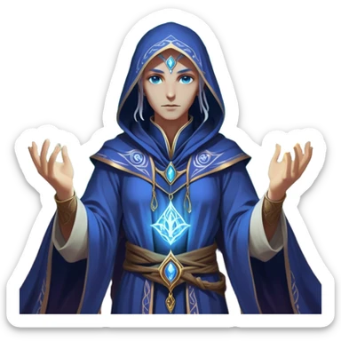 Clash of Clans aesthetic friendly Mage Portrait Emoji, With an enigmatic, slender build draped in flowing mystical robes adorned with arcane symbols, piercing eyes and a determined aura, his face rendered in a natural skin tone (not yellow), Simplified yet sharply defined features, highly detailed, glowing with a cool, otherworldly radiance, high shine, wise and resolute, stylized with an air of ancient sorcery, focused and mystical, soft glowing outline, capturing the essence of a powerful mage ready to unleash enchanted spells on epic adventures! sticker