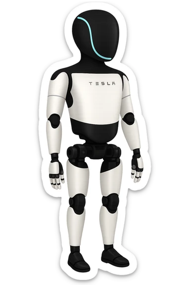 Create a fullbody Tesla robot emoji with the exact head from the reference image, arms down pose, apple emoji style, looking slightly to the side, ensuring the head and feet are fully in frame. sticker