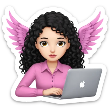 a girl typing mac book with long black curly hair and brown eyes with winged black eyeliner, pink shirt sticker