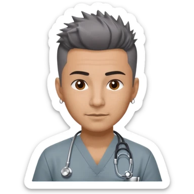 Dr. Efrén Rivera Santiago, a doctor with short spiked hair, gray scrubs, tattoos, and hook earrings, exudes professionalism and warmth. sticker